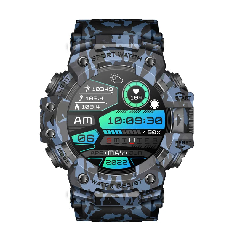 Camouflage-patterned smartwatch with digital display on a white background