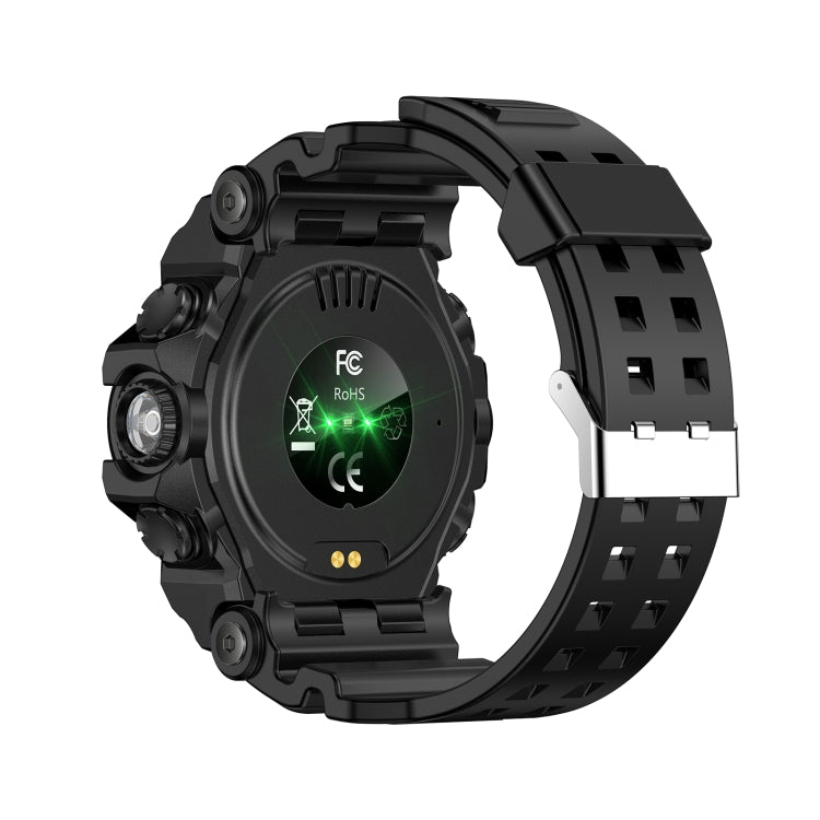 Black smartwatch with a green display on a white background