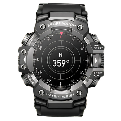 Black and gray sport watch with digital display on a white background