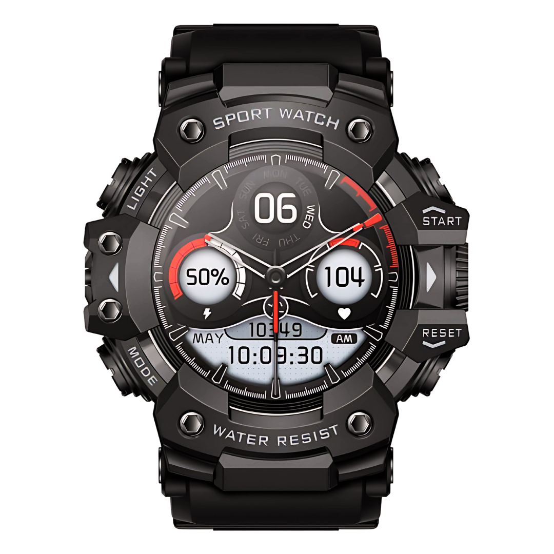 Black sport watch with digital display on a white background