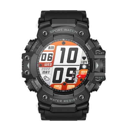Black sports watch with digital display on a white background