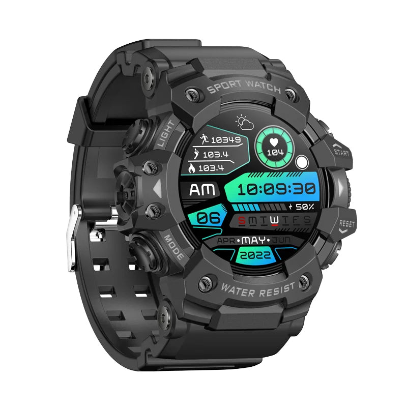 Black digital smartwatch with a detailed display on a white background