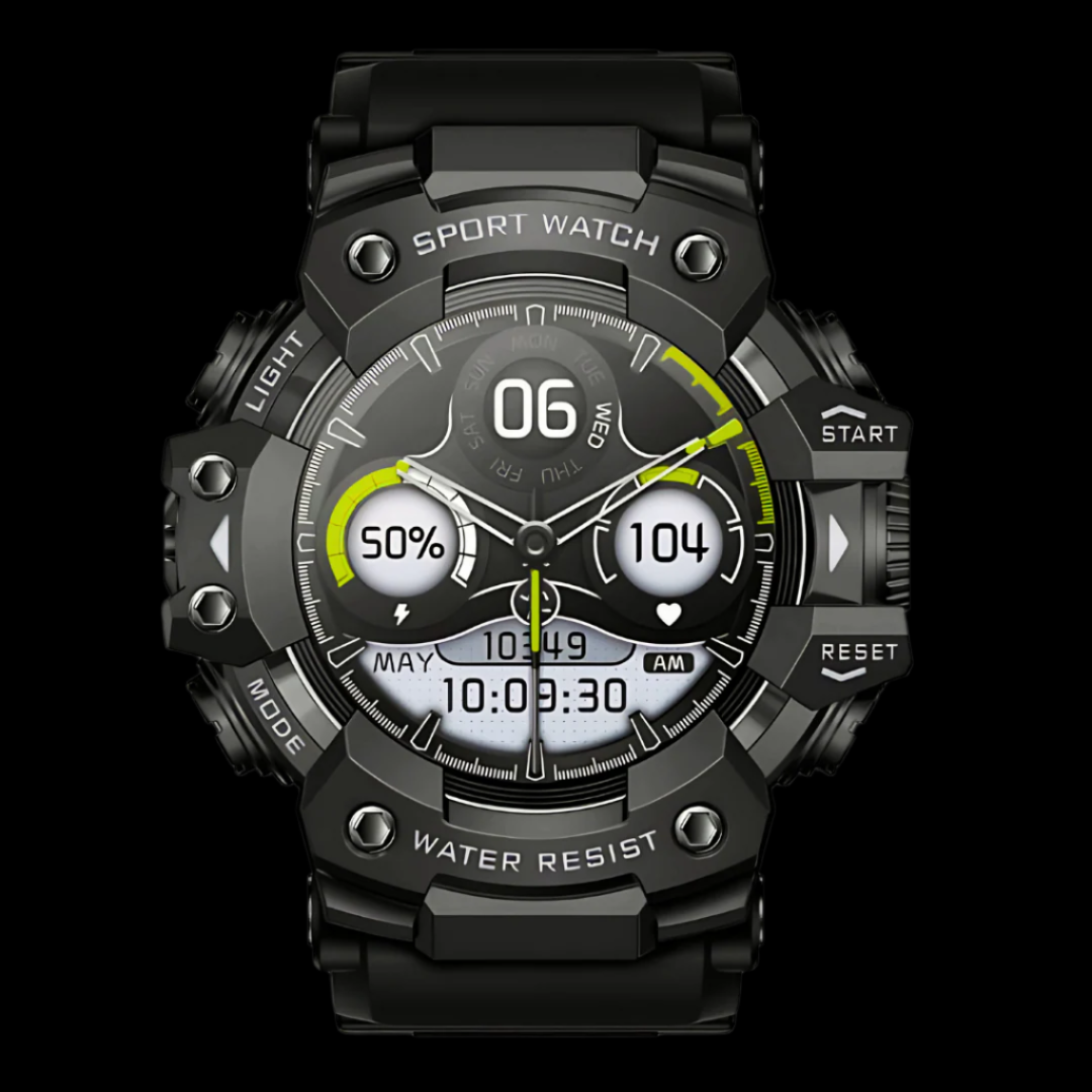 Black sport watch with digital display on a black background