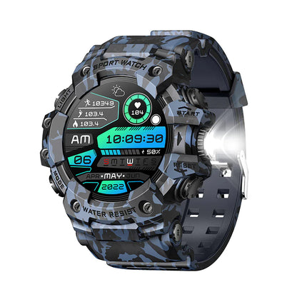 Digital smartwatch with camouflage design on a white background