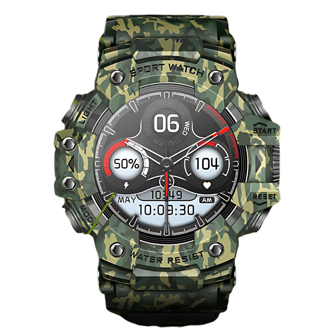 Camouflage-patterned smartwatch with digital display on a white background