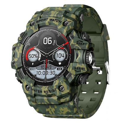 Camouflage-patterned smartwatch with digital display on a white background