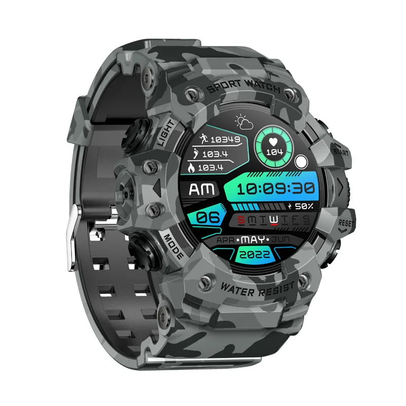 Camouflage smartwatch with digital display on a white background