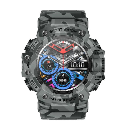 Camouflage-patterned smartwatch with a detailed face on a white background