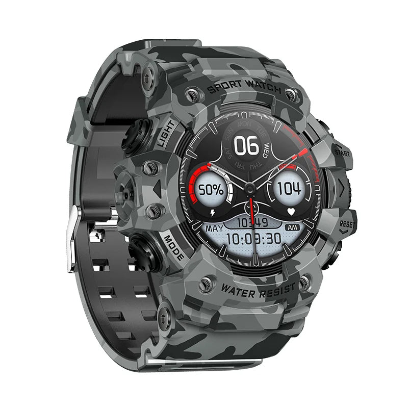 Camouflage-patterned smartwatch on a white background