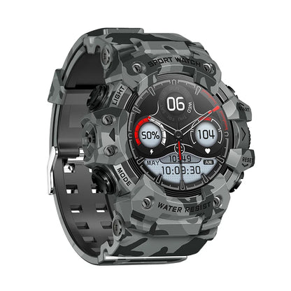 Camouflage-patterned smartwatch on a white background