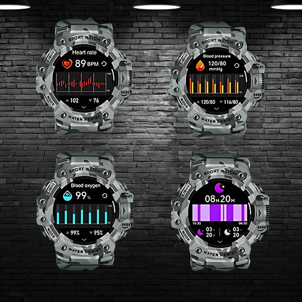 Four views of a smartwatch with various health and fitness metrics displayed on a brick wall background.