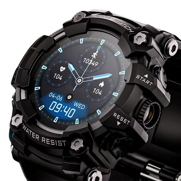 Black rugged smartwatch with digital display on a white background
