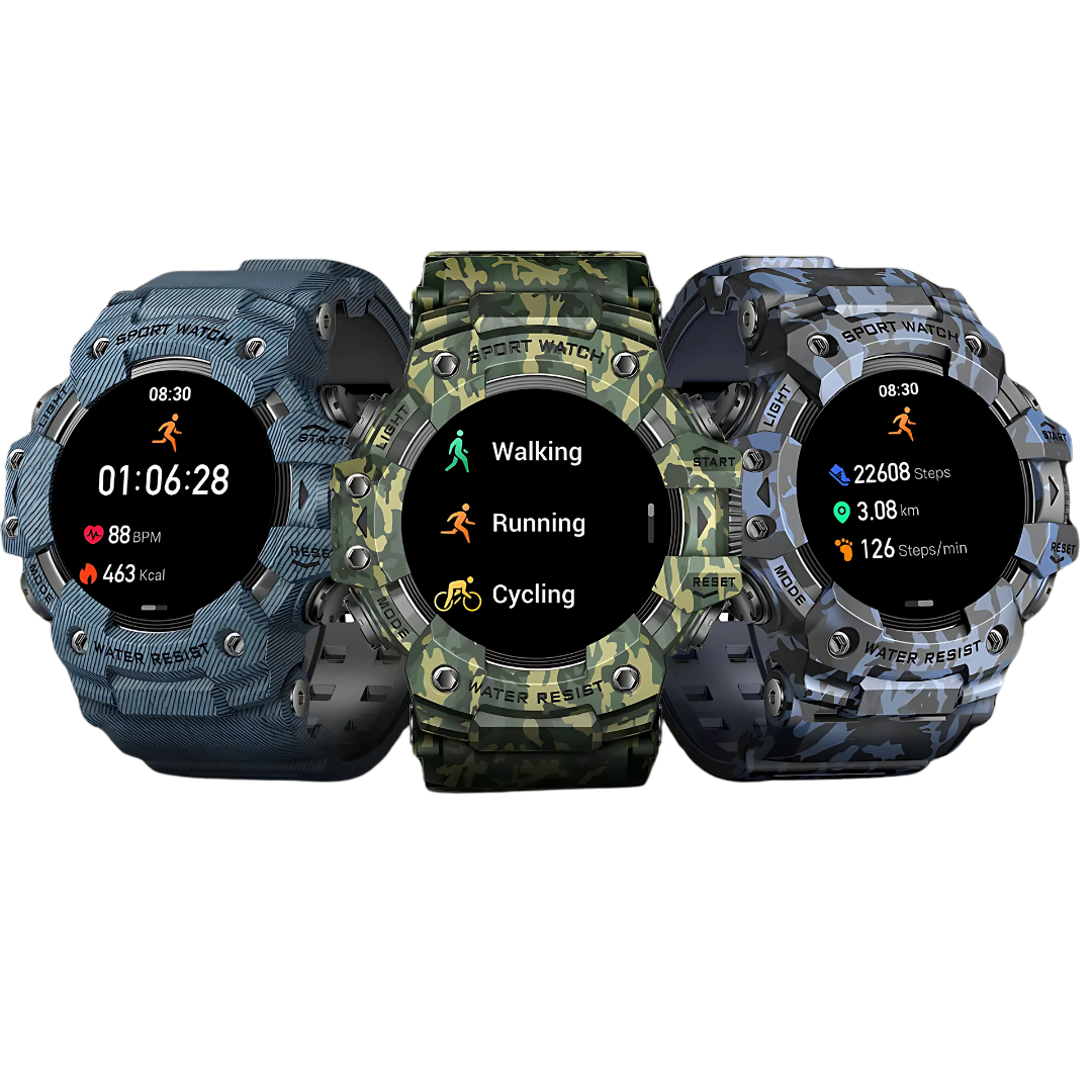 Three rugged smartwatches with different camouflage patterns on a white background.