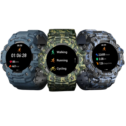 Three rugged smartwatches with different camouflage patterns on a white background.