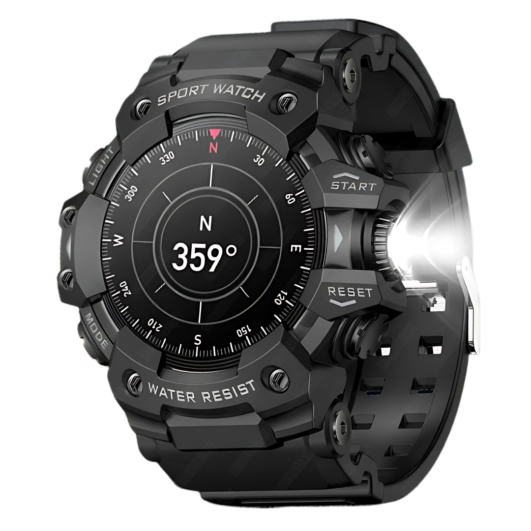 Black sport watch with digital display on a white background