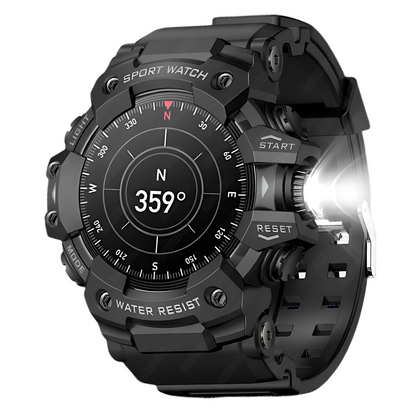 Black sport watch with digital display on a white background