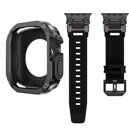 apple watch black band and case separated, on a white background