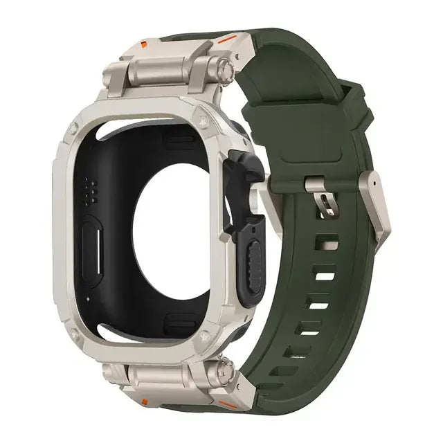 apple watch band with army green strap and grey rugged case