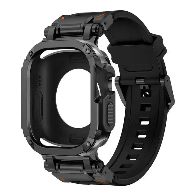 detailed image of interior and exterior of an apple watch black band and case. 