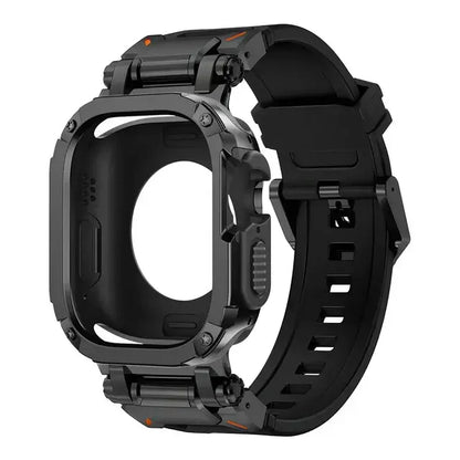 detailed image of interior and exterior of an apple watch black band and case. 