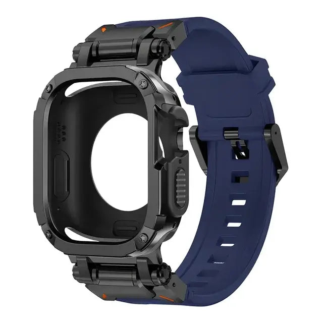 apple watch band with blue navy strap and black case on a white background