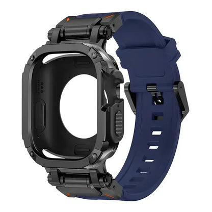apple watch band with blue navy strap and black case on a white background