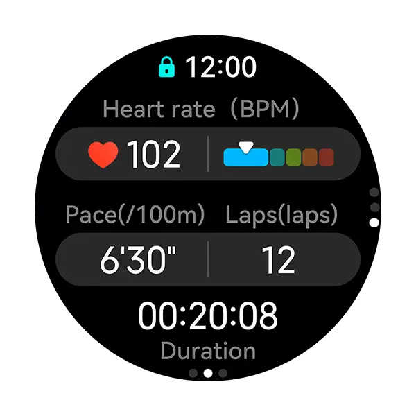 Smartwatch display showing heart rate, pace, and duration on a white background