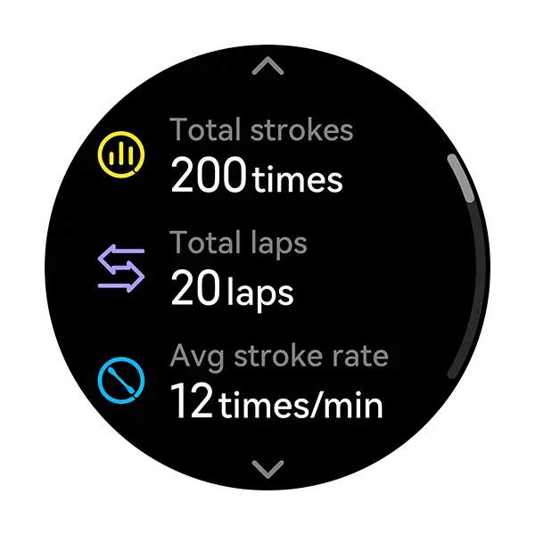 Fitness tracker screen displaying stroke metrics on a white background
